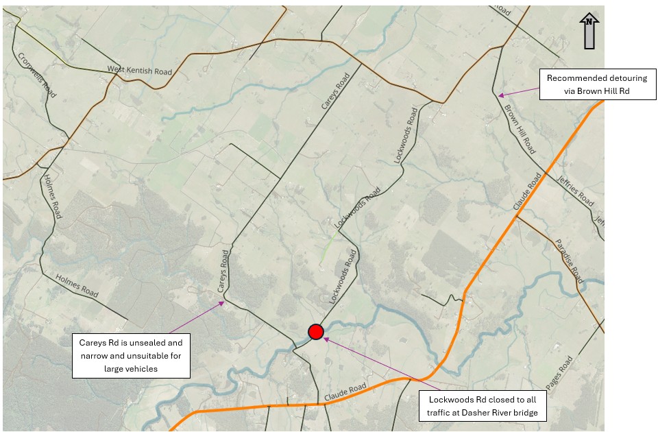 The image shows an overhead view with notes regarding the lockwoods road closure