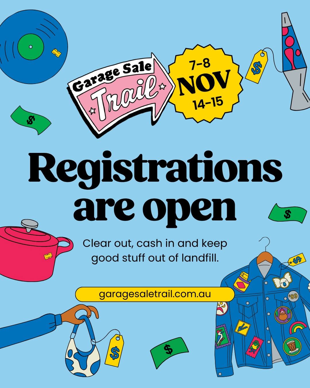Image shows the dates for the upcoming garage sale trail and an email address to contact.